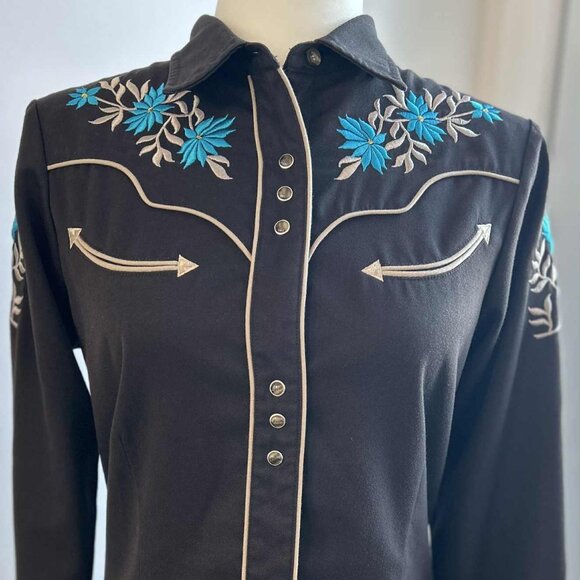 Vintage Roper Espresso Embroidered Floral Western Snap Shirt with Piping – US S - Picture 3 of 14